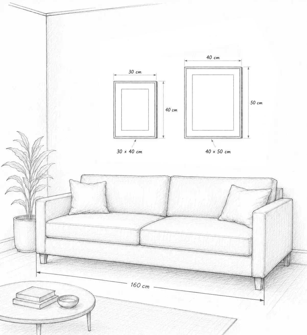 Framed sizes 30 by 40 cm and 40 by 50 cm above a 160 cm sofa, with print and passepartout opening dimensions