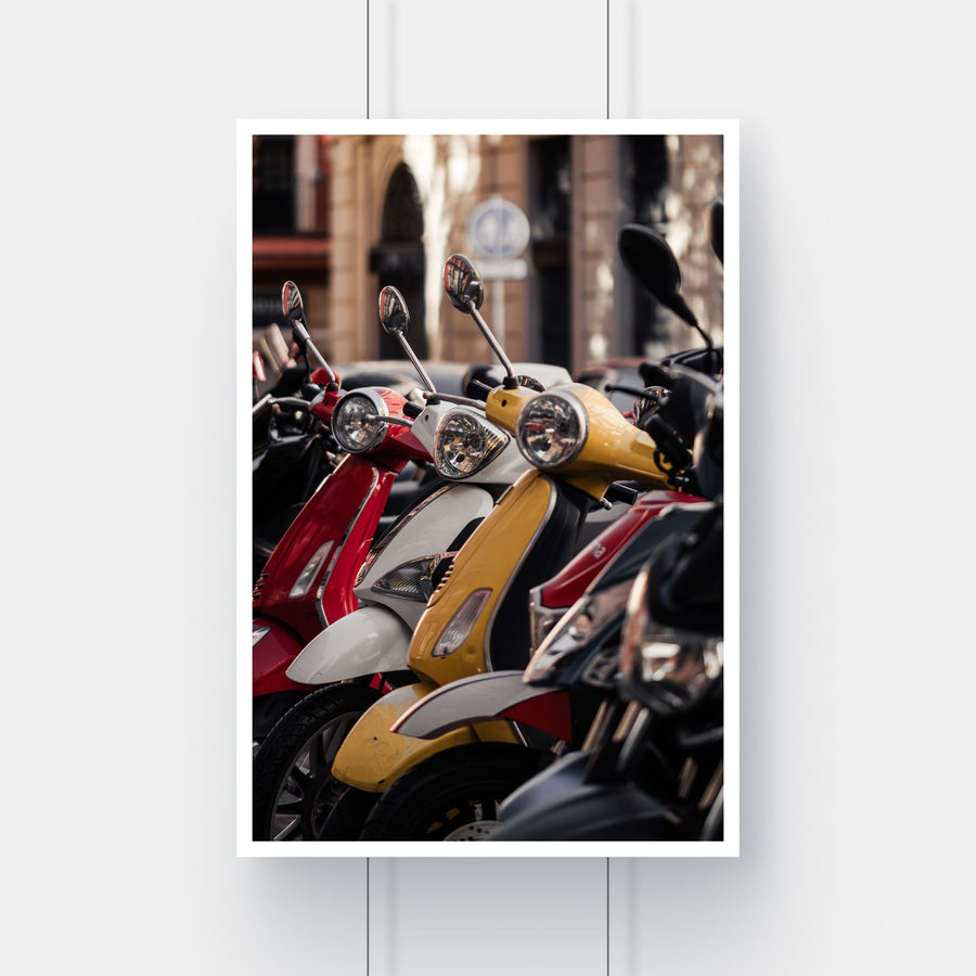 Limited edition street photography print of Vespa scooters on a street in Seville, Spain.