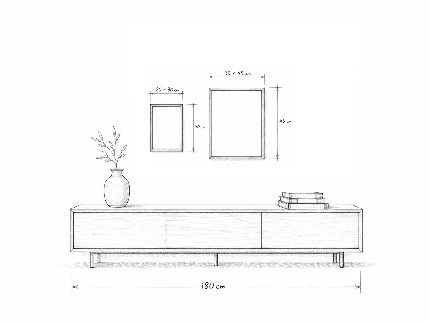 Medium 20 by 30 cm and Large 30 by 45 cm prints shown to scale above a 180 cm console table