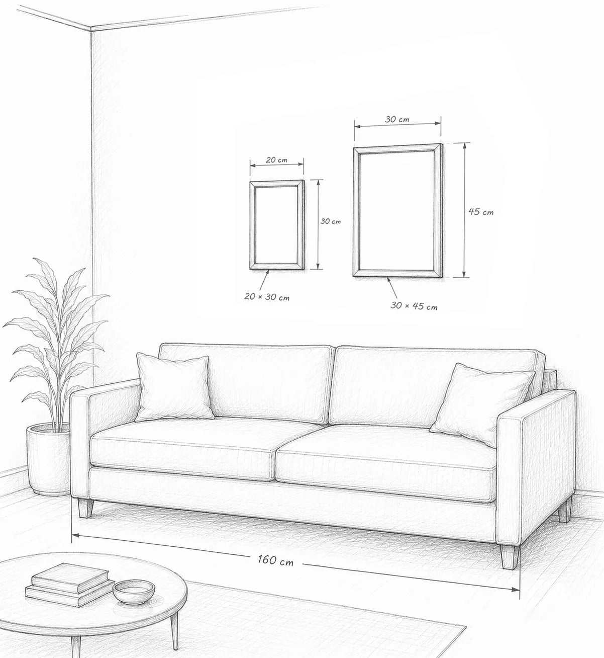 Medium 20 by 30 cm and Large 30 by 45 cm prints shown to scale above a 160 cm sofa