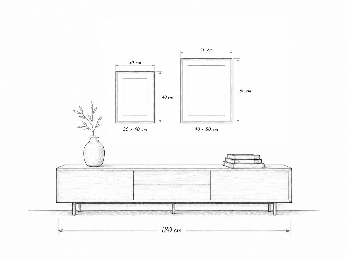 Framed sizes 30 by 40 cm and 40 by 50 cm above a 180 cm console table, with print and passepartout opening dimensions