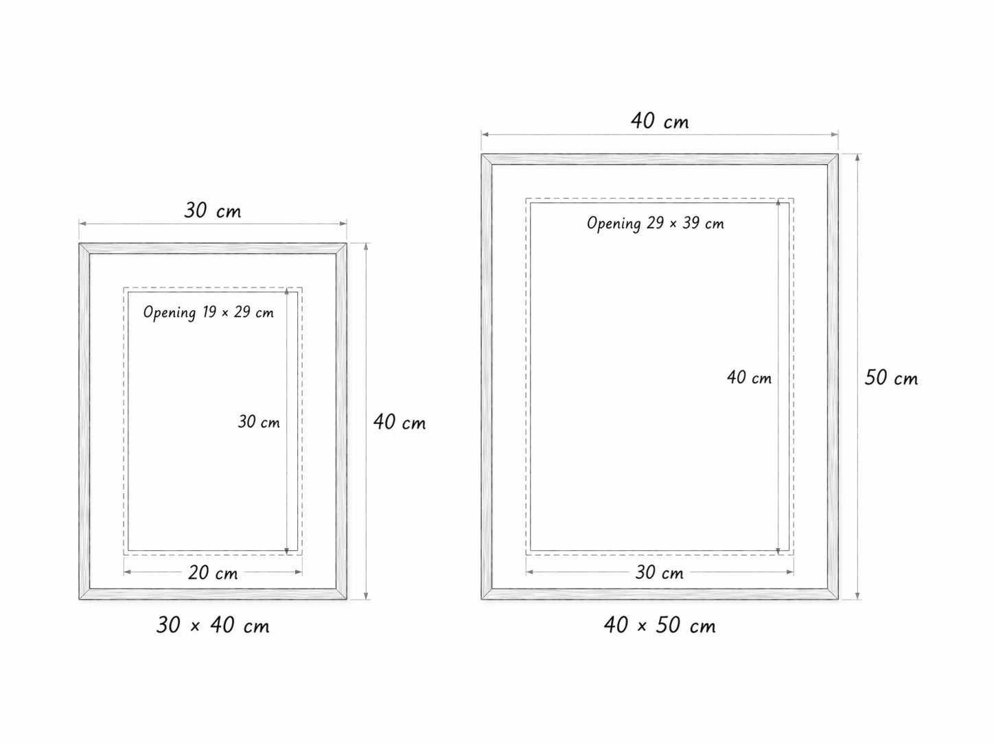 Technical drawing of 30 by 40 cm and 40 by 50 cm frames with passepartout openings and print dimensions